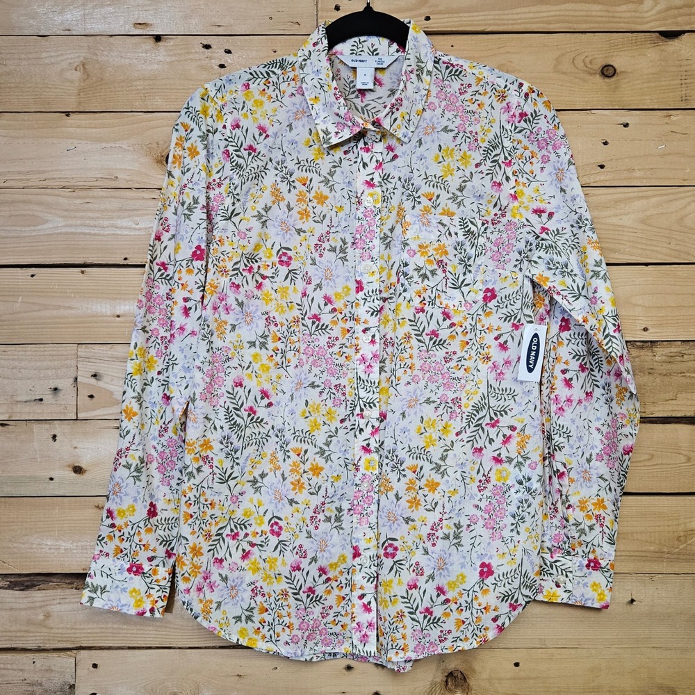 Old Navy Classic Shirt Womens Small White Floral Cotton Long Sleeve Button Up